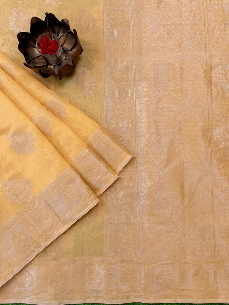 Banarasi Cotton Silk Resham Floral Weaving Saree-Yellow