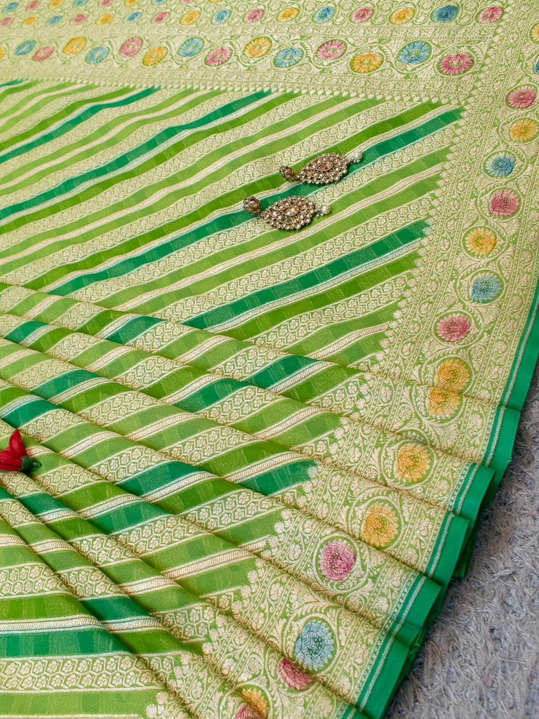 Banarasi Pure Khaddi Georgette Saree With Aada Zari Weaving & Handpainted Border-Green