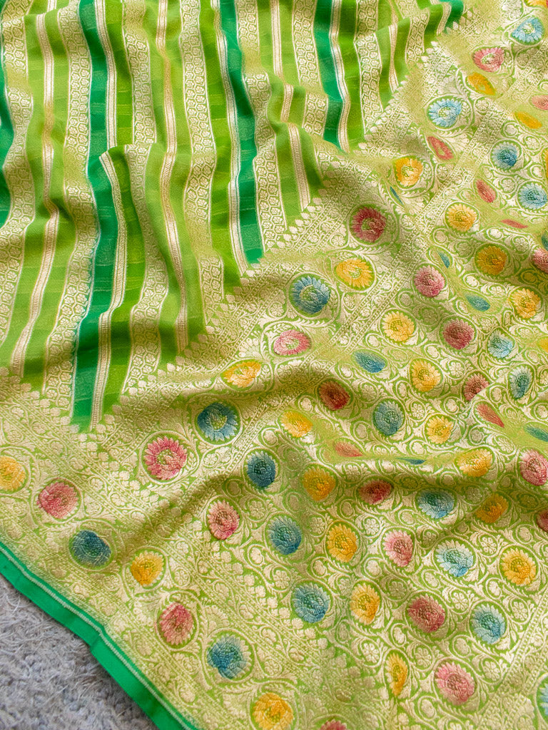 Banarasi Pure Khaddi Georgette Saree With Aada Zari Weaving & Handpainted Border-Green