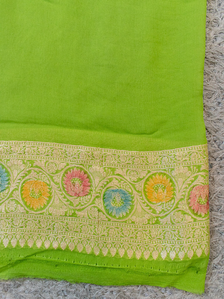 Banarasi Pure Khaddi Georgette Saree With Aada Zari Weaving & Handpainted Border-Green
