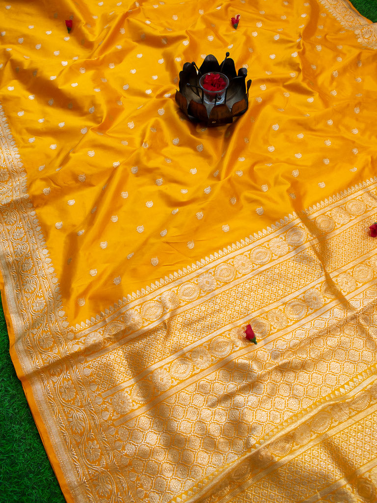 Banarasi Pure Katan Silk Saree With Zari Buti Weaving & Border-Yellow