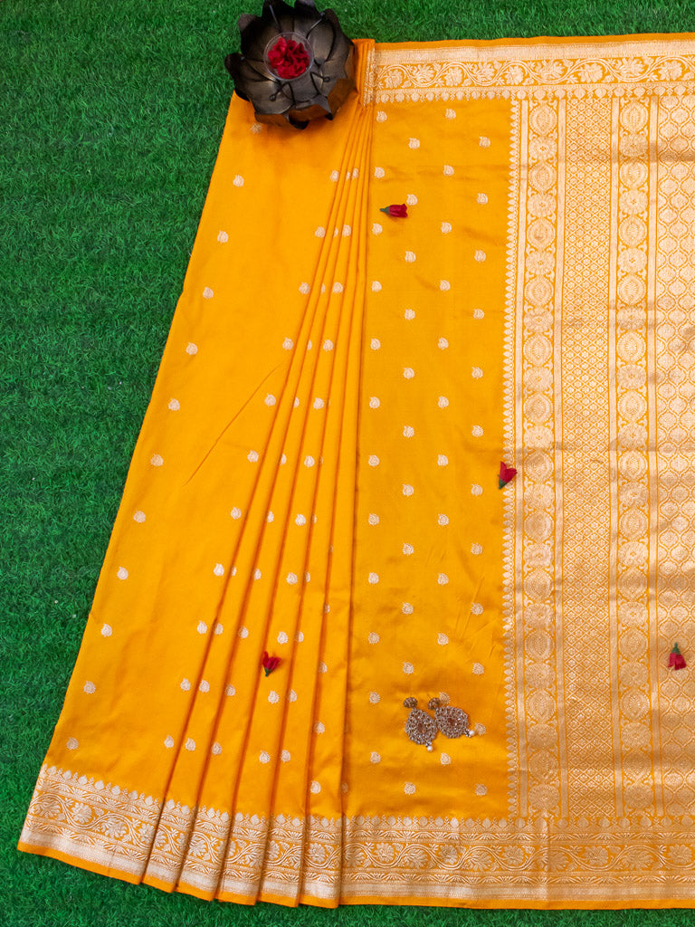 Banarasi Pure Katan Silk Saree With Zari Buti Weaving & Border-Yellow