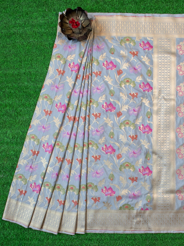 Banarasi Handloom Art Katan Silk Saree With Meena Floral Jaal Weaving-Grey