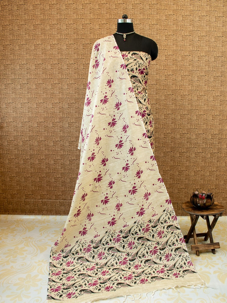 Banarasi Soft Cotton Printed Bhagalpuri Salwar Kameez-Off White & Pink