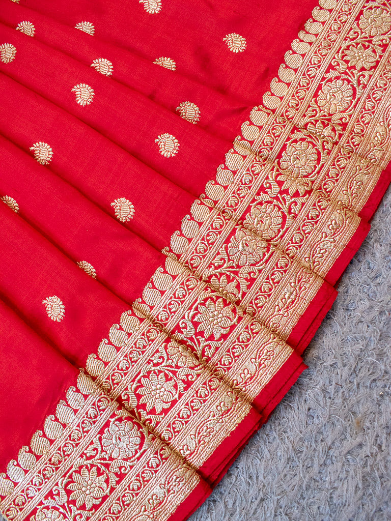 Banarasi Pure Katan Silk Saree With Paisley Buti Weaving & Border-Red