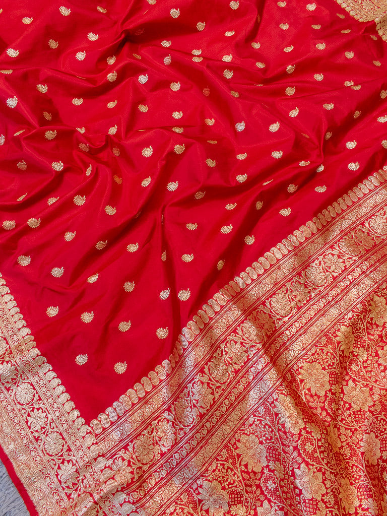 Banarasi Pure Katan Silk Saree With Paisley Buti Weaving & Border-Red