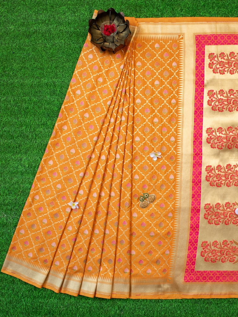 Banarasi Handloom Art Katan Silk Saree With Meena Jaal Weaving-Yellow