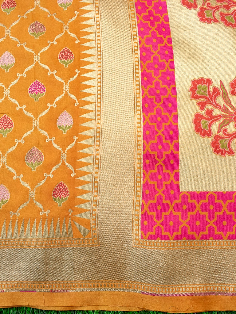 Banarasi Handloom Art Katan Silk Saree With Meena Jaal Weaving-Yellow