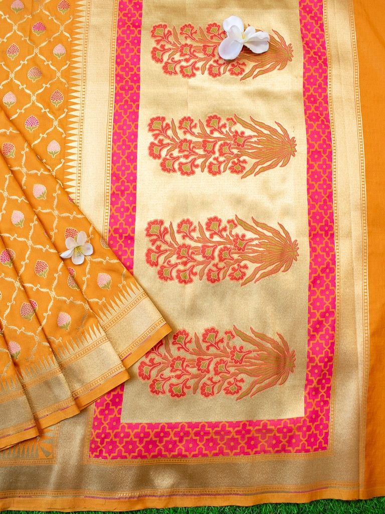 Banarasi Handloom Art Katan Silk Saree With Meena Jaal Weaving-Yellow