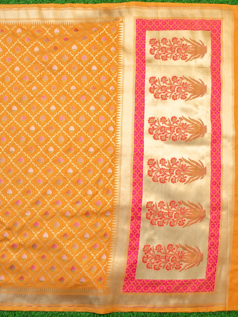 Banarasi Handloom Art Katan Silk Saree With Meena Jaal Weaving-Yellow