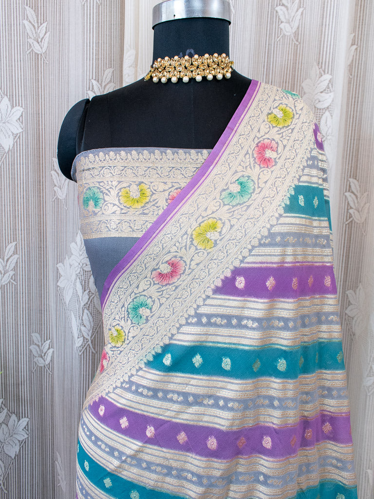 Banarasi Pure Khaddi Georgette Saree With Aada Zari Weaving & Handpainted Border-Purple