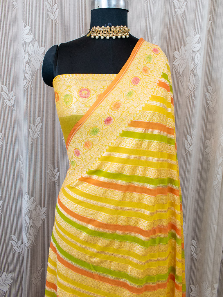 Banarasi Pure Khaddi Georgette Saree With Aada Zari Weaving & Handpainted Border-Yellow