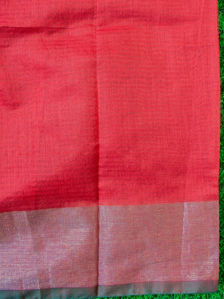 Banarasi Cotton Silk Saree Plain Body With Antique Zari Border -Red