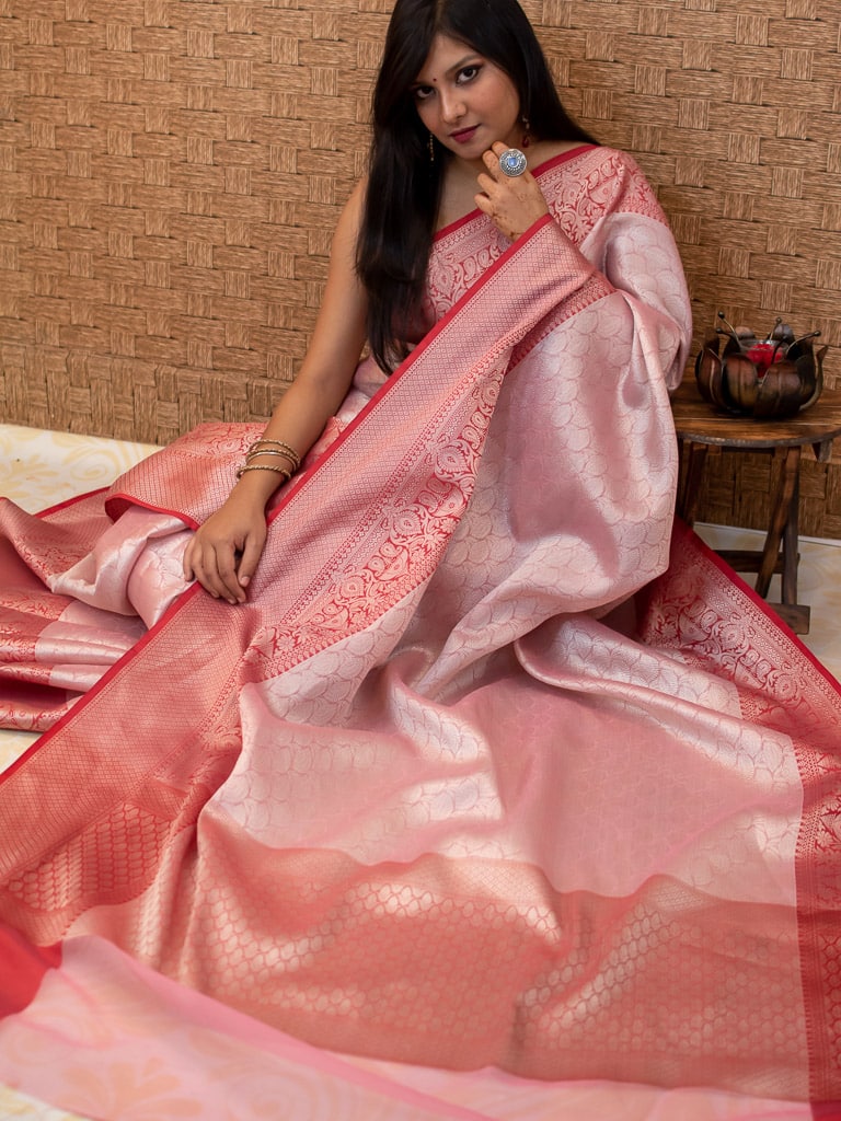 Banarasi Kora Muslin Saree With Tanchoi Weaving Contrast Border-Pastel Pink