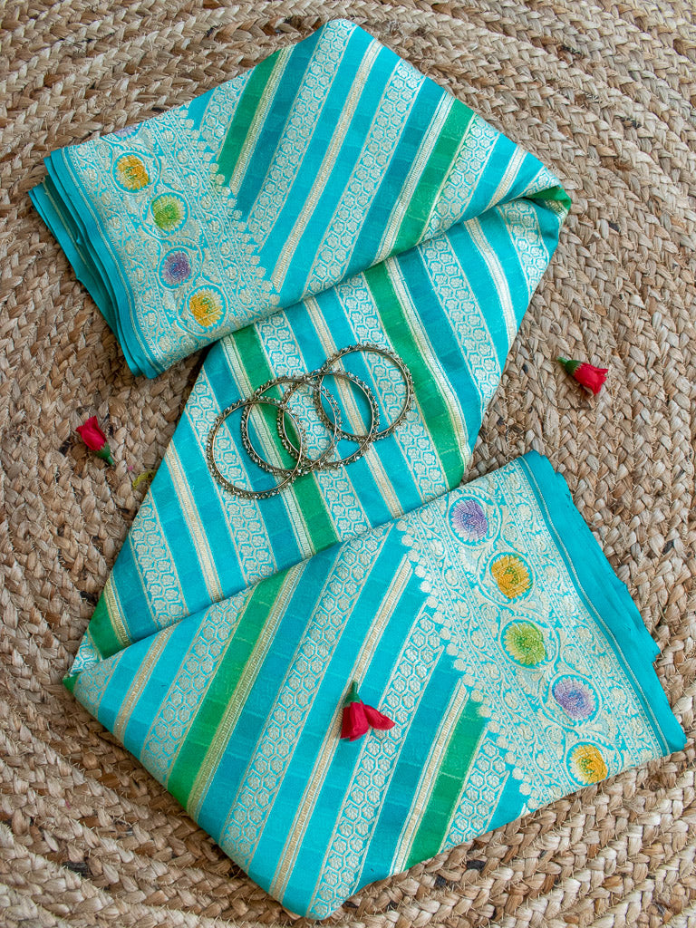 Banarasi Pure Khaddi Georgette Saree With Aada Zari Weaving & Handpainted Border-Blue