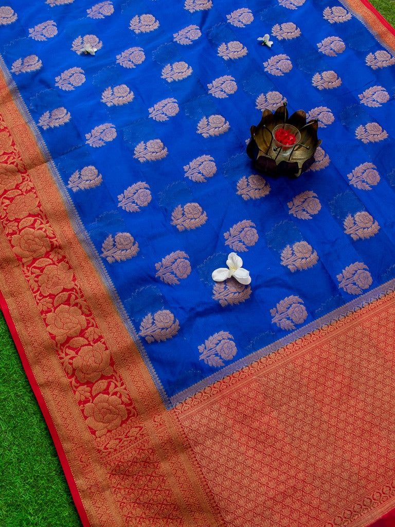 Banarasi Semi Silk Saree With Antique Zari Weaving & Contrast Border-Royal Blue & Red
