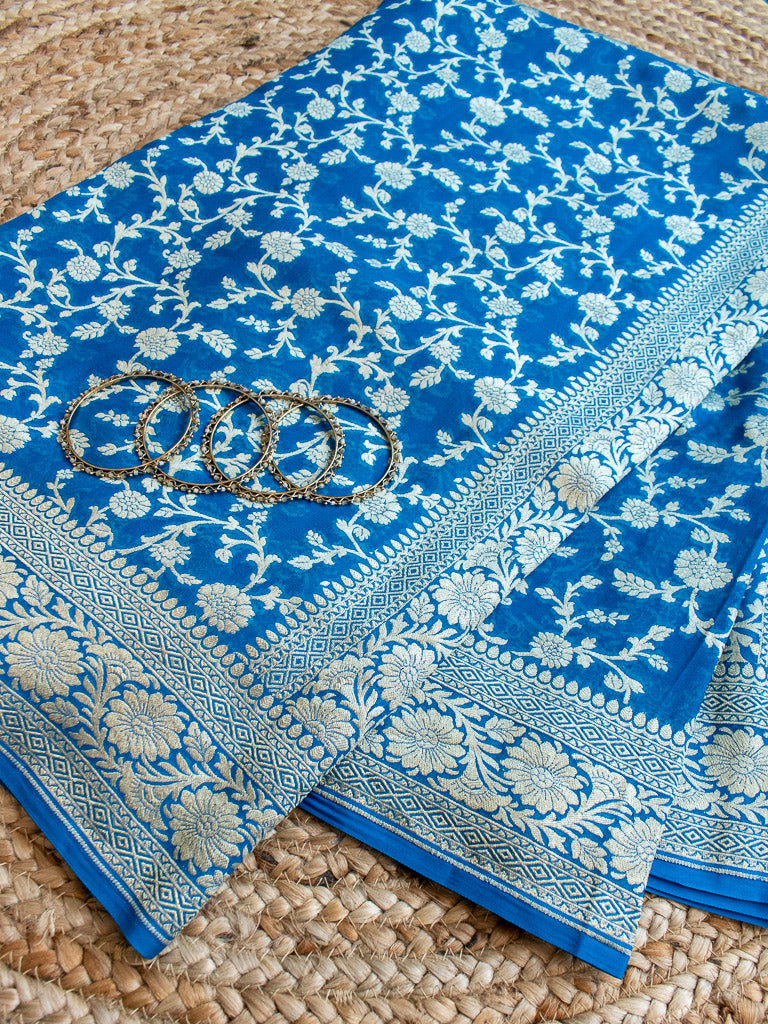 Banarasi Pure Khaddi Georgette Saree With Jaal Zari Weaving-Blue