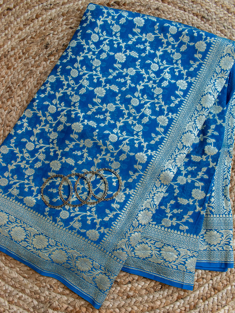 Banarasi Pure Khaddi Georgette Saree With Jaal Zari Weaving-Blue