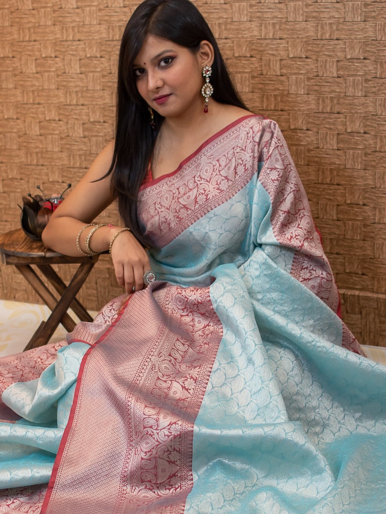 Banarasi Kora Muslin Saree With Tanchoi Weaving Contrast Skirt Border-Sky Blue
