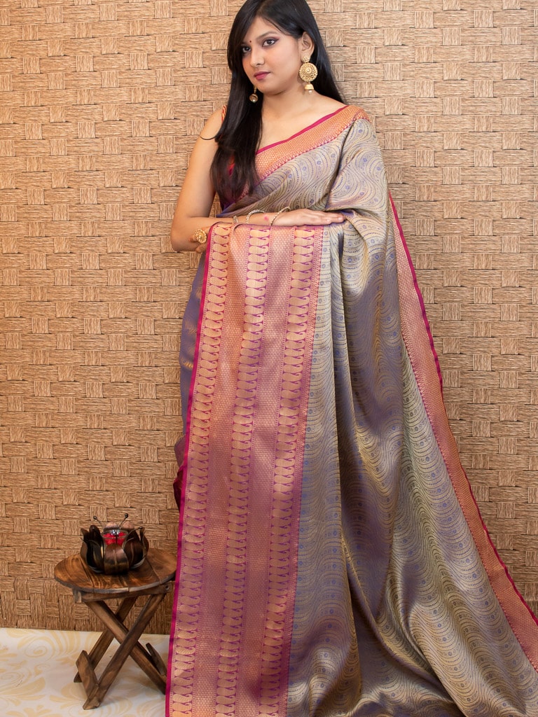 Banarasi Kora Muslin Saree With Tanchoi Weaving Contrast Border-Metallic Grey