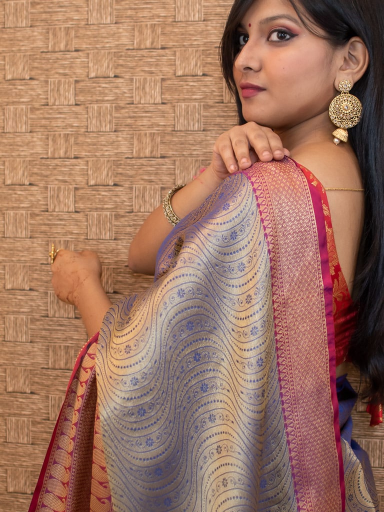 Banarasi Kora Muslin Saree With Tanchoi Weaving Contrast Border-Metallic Grey