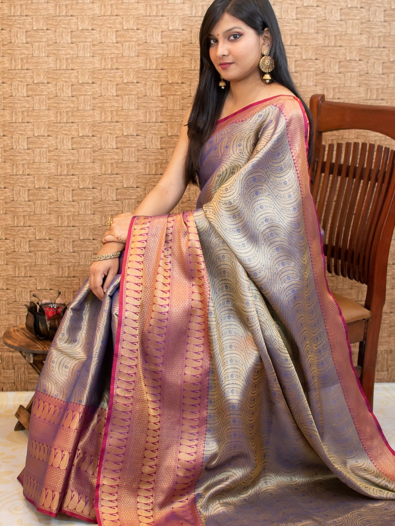 Banarasi Kora Muslin Saree With Tanchoi Weaving Contrast Border-Metallic Grey