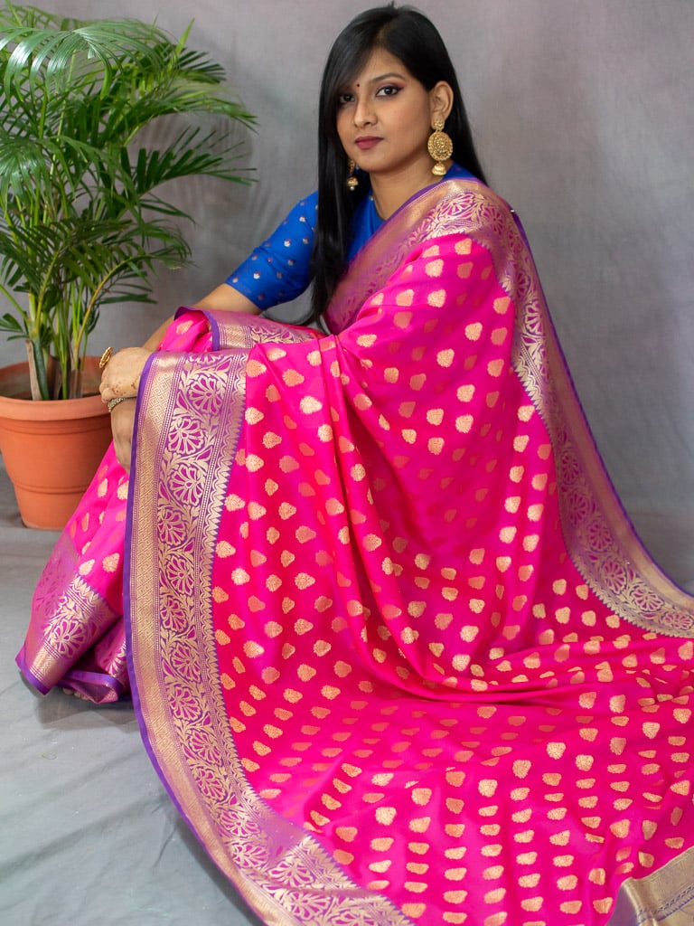 Banarasi Semi Silk Saree With Contrast Zari Buti Weaving Border-Pink