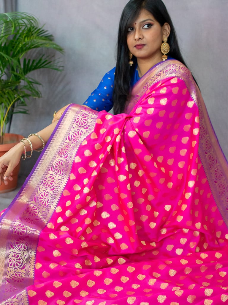Banarasi Semi Silk Saree With Contrast Zari Buti Weaving Border-Pink