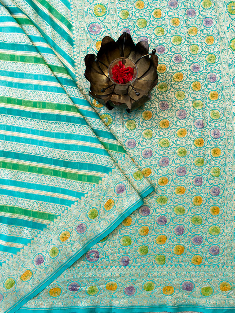 Banarasi Pure Khaddi Georgette Saree With Aada Zari Weaving & Handpainted Border-Blue