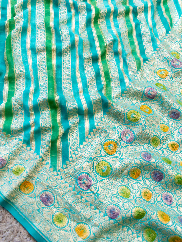 Banarasi Pure Khaddi Georgette Saree With Aada Zari Weaving & Handpainted Border-Blue