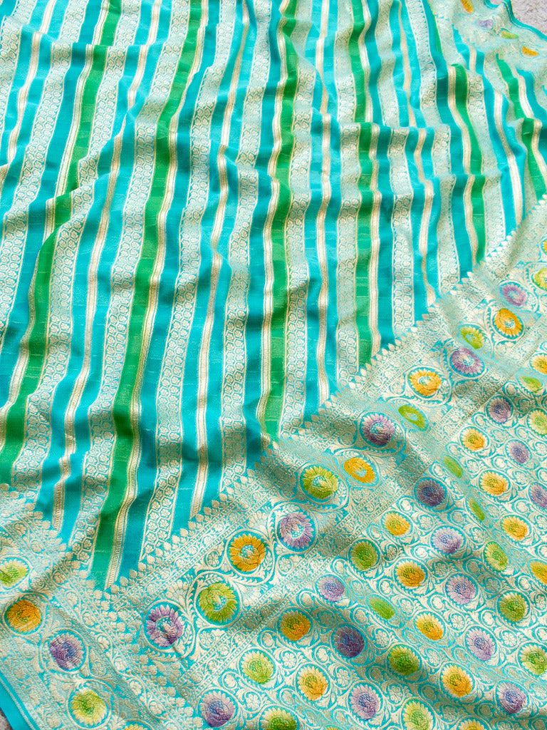 Banarasi Pure Khaddi Georgette Saree With Aada Zari Weaving & Handpainted Border-Blue