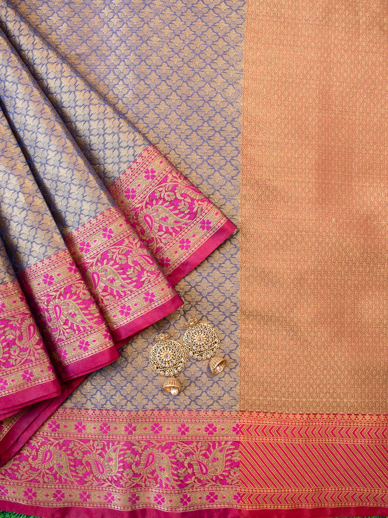 Banarasi Kora Muslin Saree With Tanchoi Weaving & Contrast Border