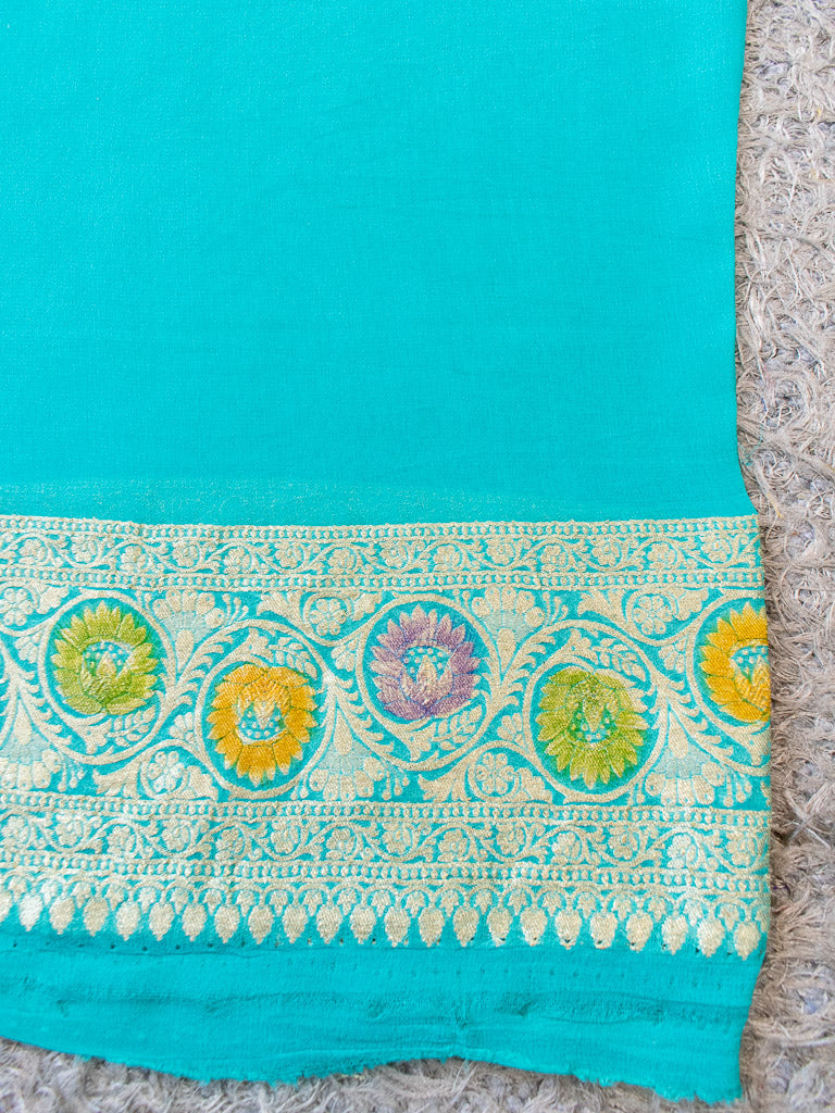 Banarasi Pure Khaddi Georgette Saree With Aada Zari Weaving & Handpainted Border-Blue