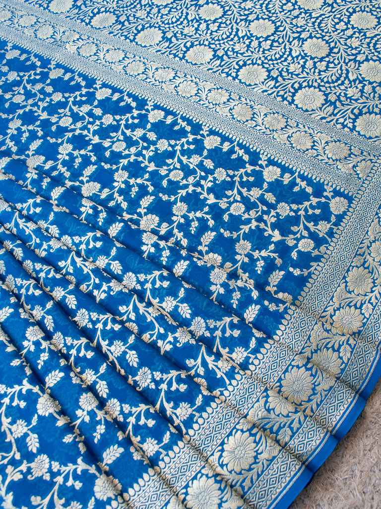 Banarasi Pure Khaddi Georgette Saree With Jaal Zari Weaving-Blue
