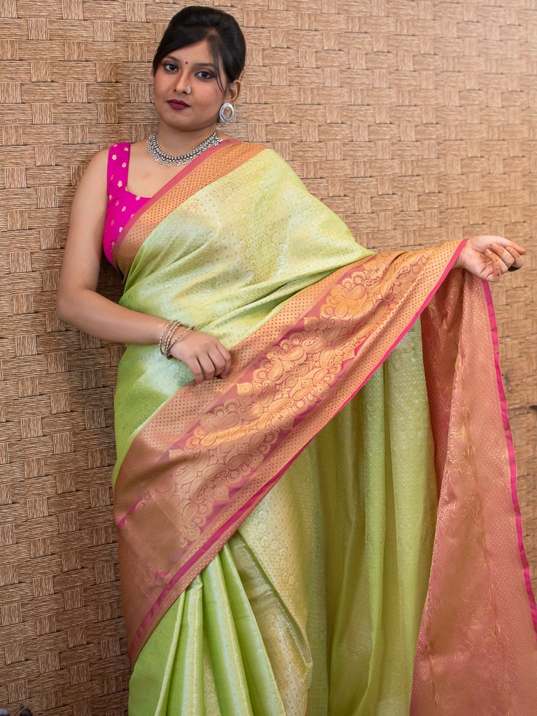 Banarasi Kora Muslin Saree With Tanchoi Weaving Contrast Border-Parrot Green