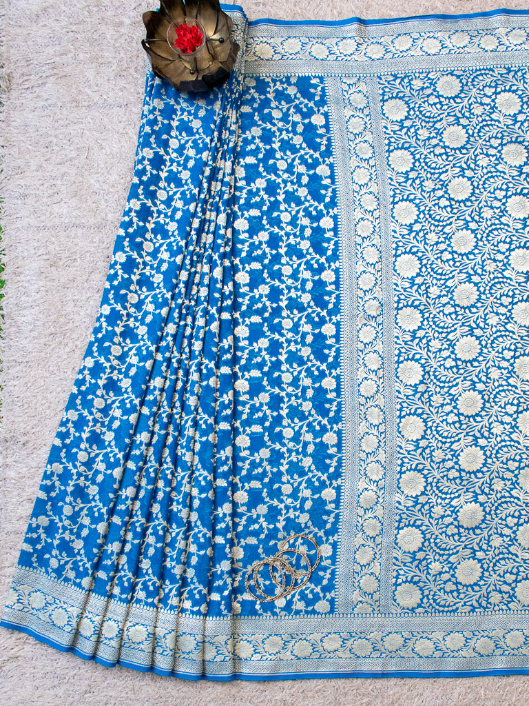Banarasi Pure Khaddi Georgette Saree With Jaal Zari Weaving-Blue