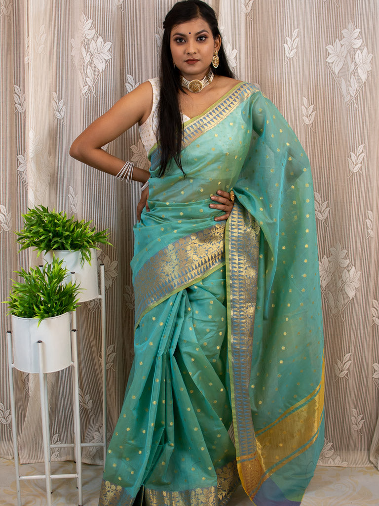 Banarasi Chanderi Cotton Zari Polka Dots Weaving - Sky Blue