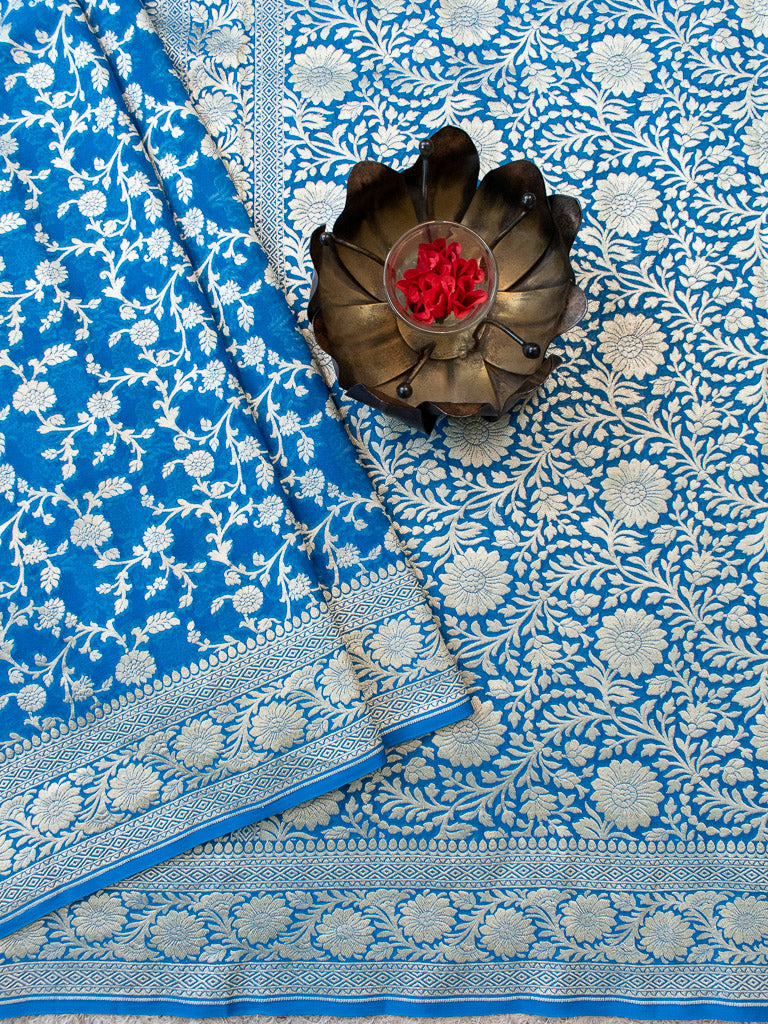 Banarasi Pure Khaddi Georgette Saree With Jaal Zari Weaving-Blue