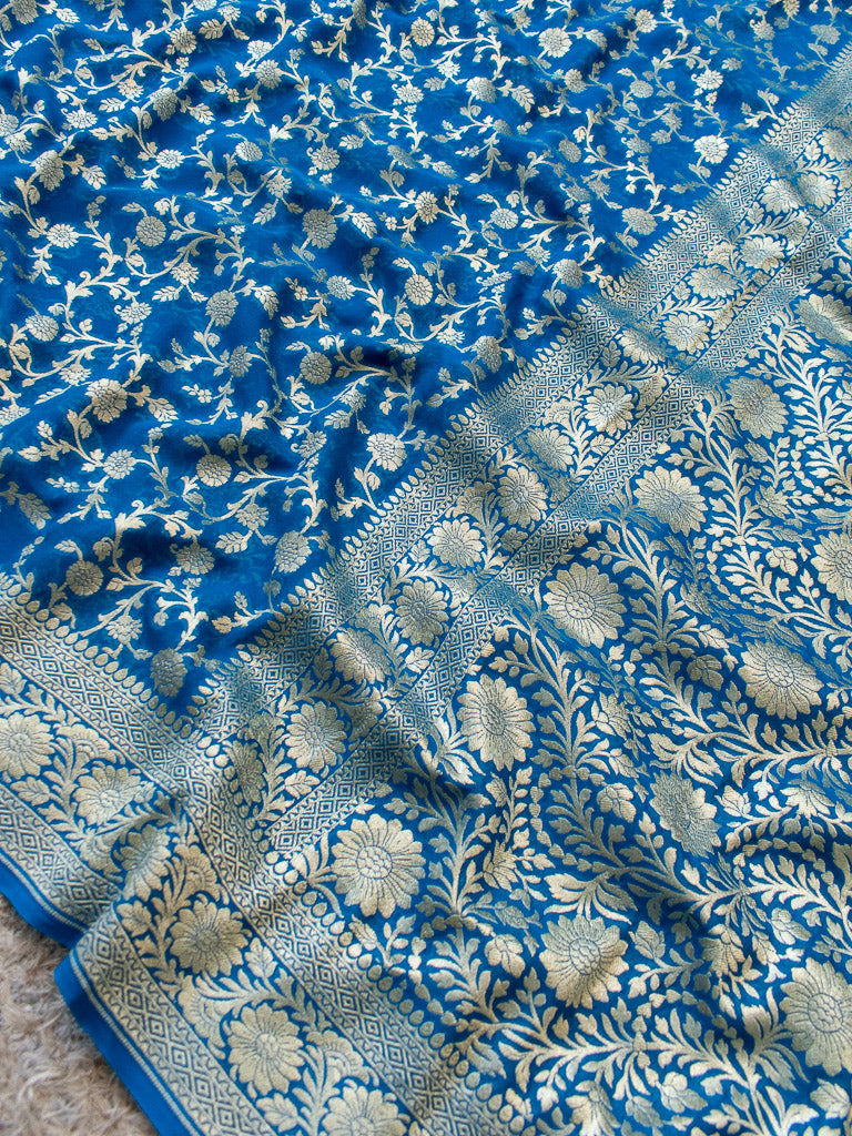 Banarasi Pure Khaddi Georgette Saree With Jaal Zari Weaving-Blue