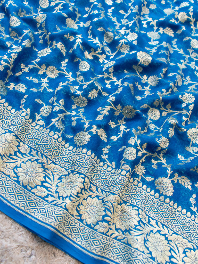 Banarasi Pure Khaddi Georgette Saree With Jaal Zari Weaving-Blue