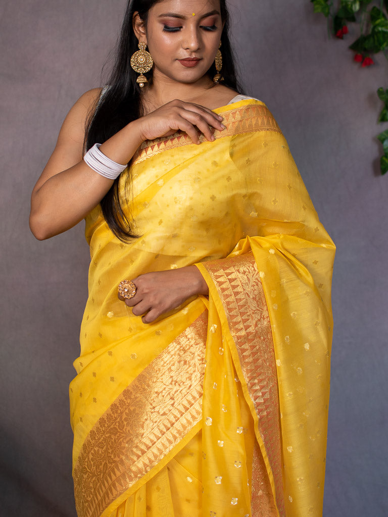 Banarasi Chanderi Cotton Zari Polka Dots Weaving-Yellow