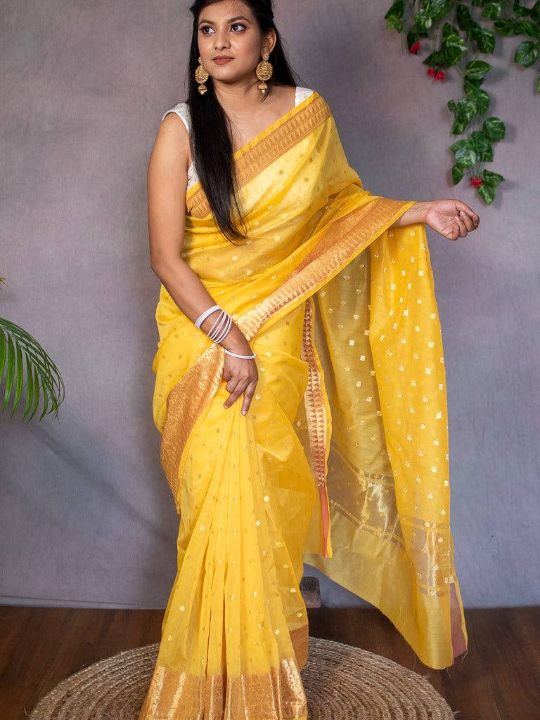 Banarasi Chanderi Cotton Zari Polka Dots Weaving-Yellow