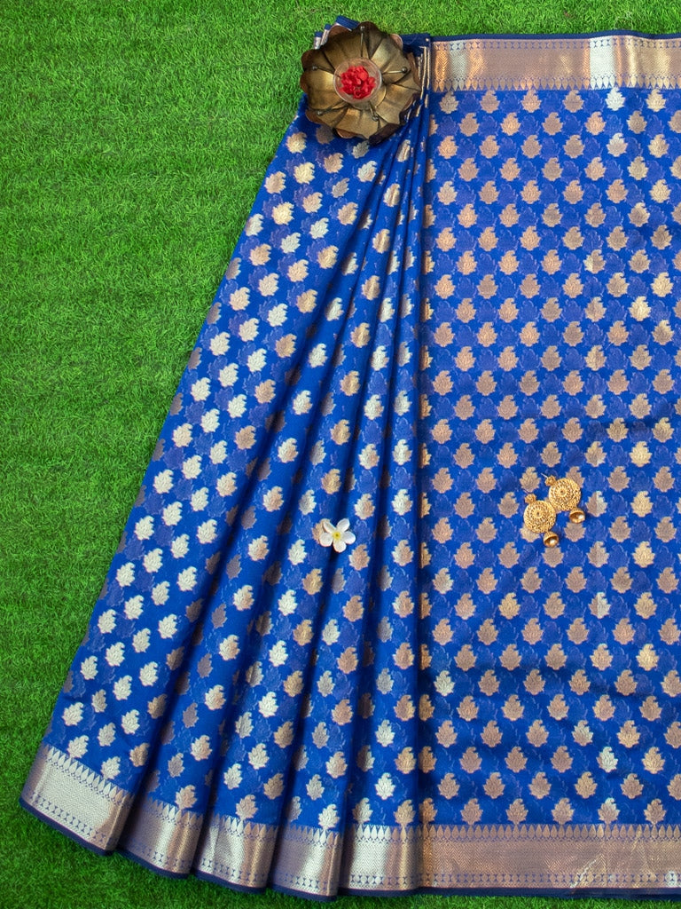 Banarasi Semi Silk Saree With Zari Buti Weaving-Royal Blue