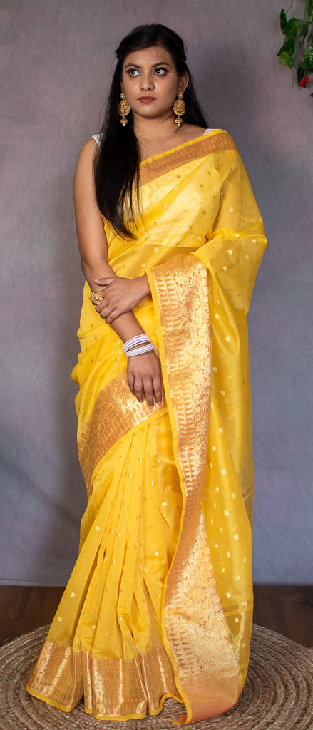 Banarasi Chanderi Cotton Zari Polka Dots Weaving-Yellow