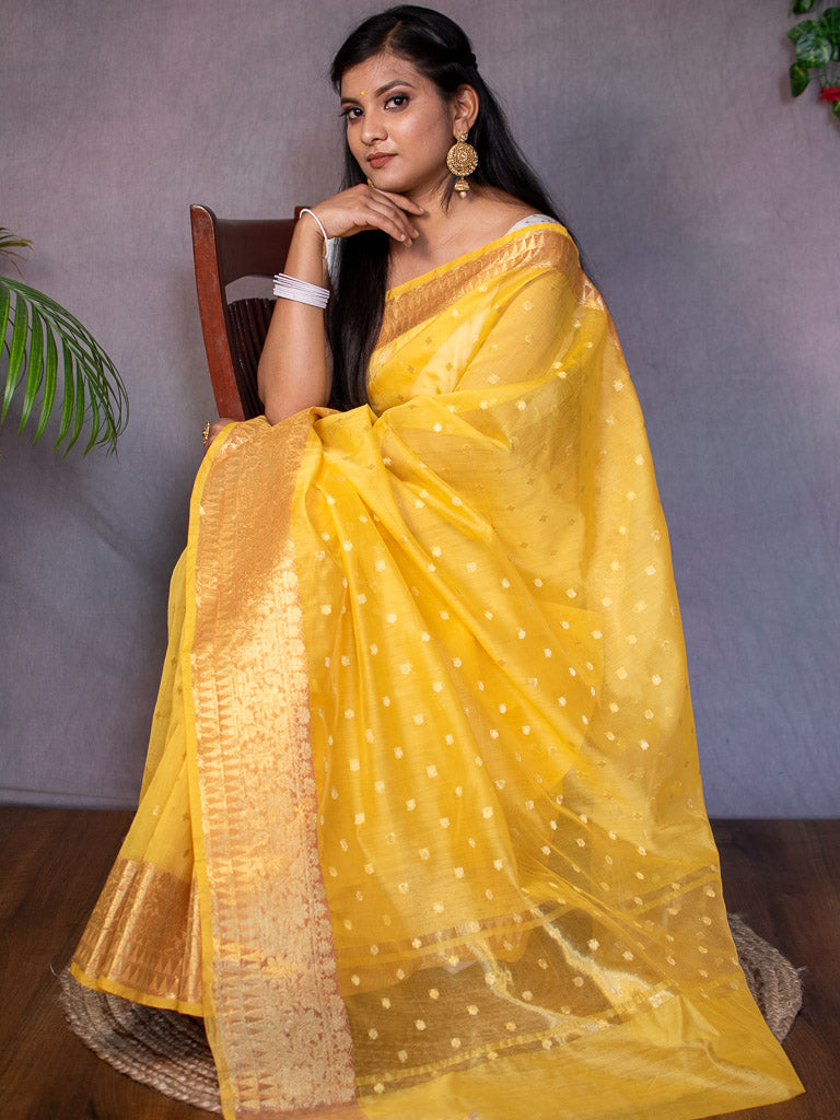Banarasi Chanderi Cotton Zari Polka Dots Weaving-Yellow