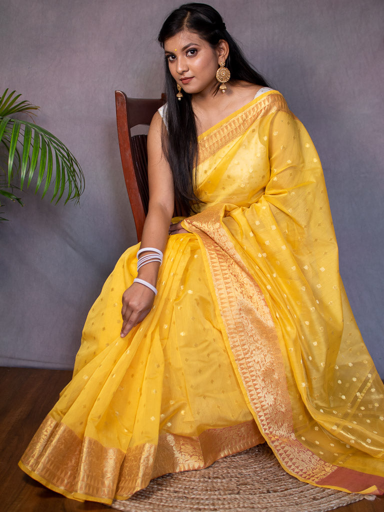Banarasi Chanderi Cotton Zari Polka Dots Weaving-Yellow