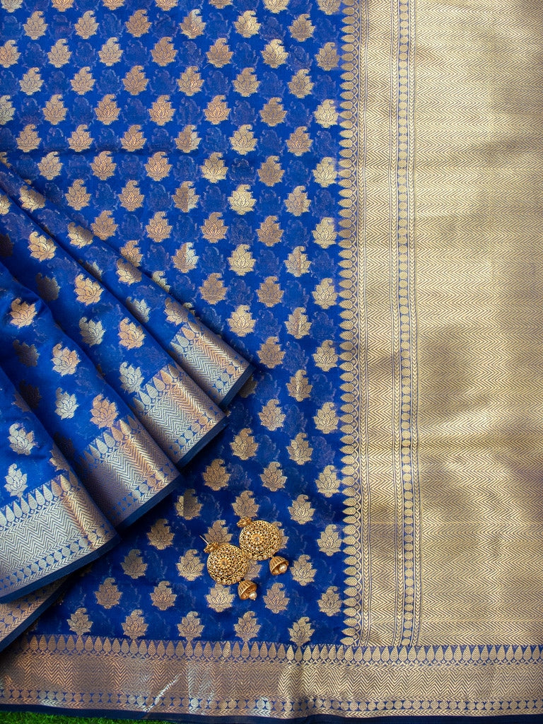 Banarasi Semi Silk Saree With Zari Buti Weaving-Royal Blue