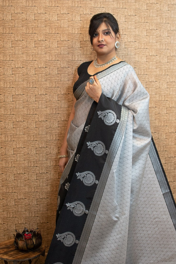 Banarasi Kora Muslin Saree With Tanchoi Weaving & Contrast Border-Grey & Black