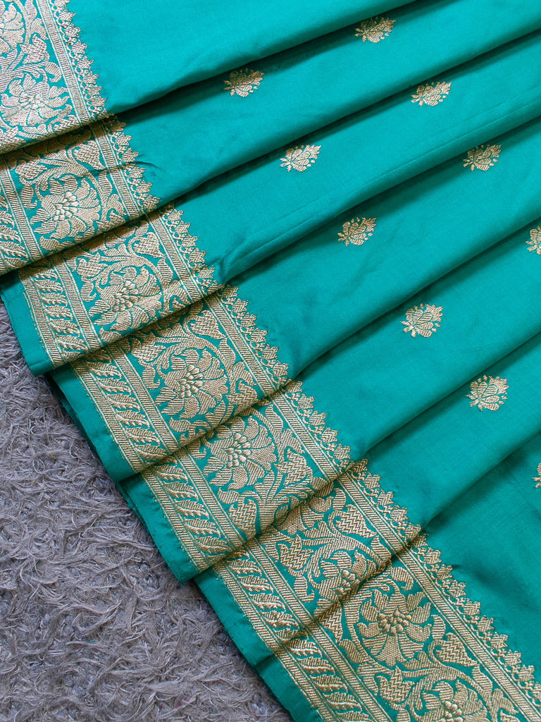 Banarasi Pure Katan Silk Saree With Zari Buti Weaving & Border-Aqua Blue