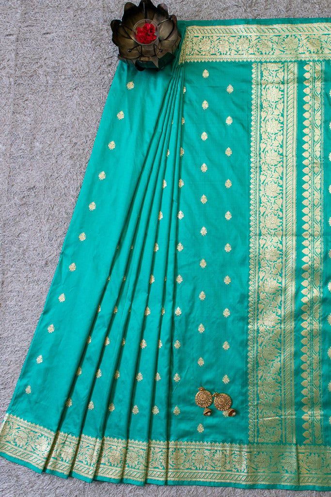 Banarasi Pure Katan Silk Saree With Zari Buti Weaving & Border-Aqua Blue